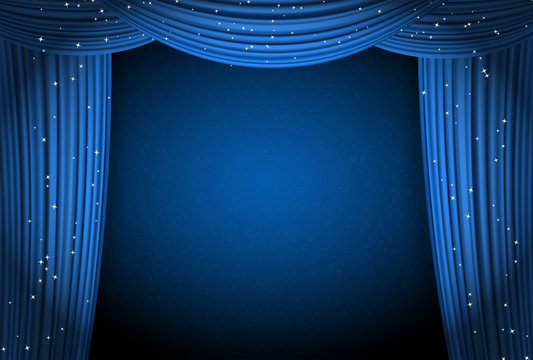 blue curtains on blue background with glittering stars