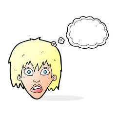 cartoon frightened woman with thought bubble