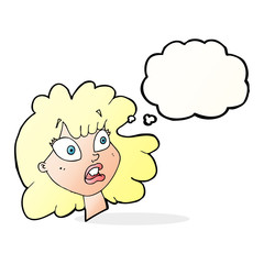 cartoon shocked female face with thought bubble