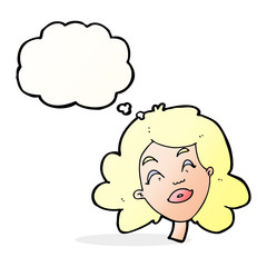 cartoon happy female face with thought bubble