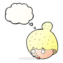 cartoon surprised woman's face with thought bubble