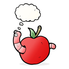 cartoon worm in apple with thought bubble