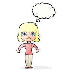 cartoon woman shrugging shoulders with thought bubble