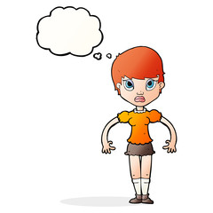 cartoon woman looking annoyed with thought bubble
