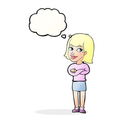 cartoon happy woman looking over with thought bubble