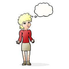 cartoon woman shrugging shoulders with thought bubble