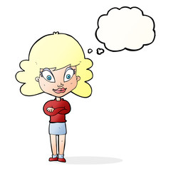cartoon happy woman with folded arms with thought bubble
