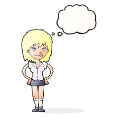 cartoon woman with hands on hips with thought bubble