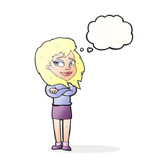 cartoon woman with crossed arms with thought bubble