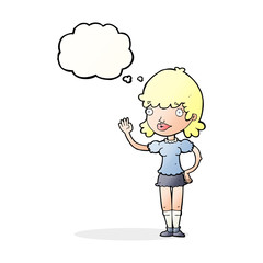 cartoon waving woman with thought bubble