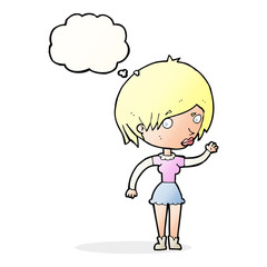 cartoon waving woman with thought bubble