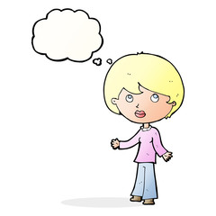 cartoon woman thinking with thought bubble