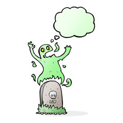 cartoon ghost rising from grave with thought bubble