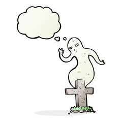 cartoon ghost rising from grave with thought bubble