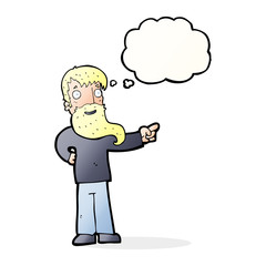 cartoon man with beard pointing with thought bubble