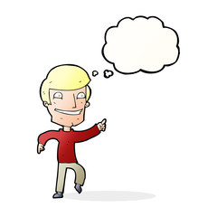 cartoon happy man pointing with thought bubble