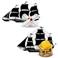 game icons. nautic pirate ship with marine supplies scroll and globe