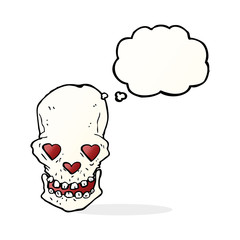 cartoon skull with love heart eyes with thought bubble