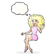 cartoon sitting woman waving with thought bubble