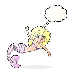 cartoon pretty mermaid waving with thought bubble