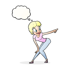 cartoon pretty woman pointing with thought bubble