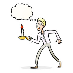 cartoon frightened man walking with candlestick with thought bub