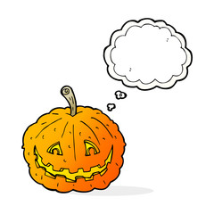 cartoon grinning pumpkin with thought bubble