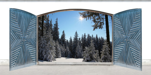 Doppelfenster mit geschnitzten Holzflügeln, Blick in den Winter