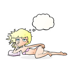 cartoon woman posing in underwear with thought bubble