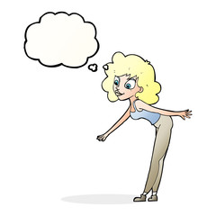 cartoon woman reaching to pick something up with thought bubble