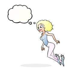 cartoon flying woman with thought bubble