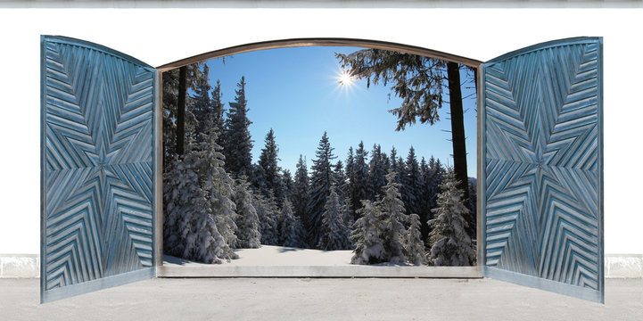 Doppelfenster mit geschnitzten Holzfl&uuml;geln, Blick in den Winter