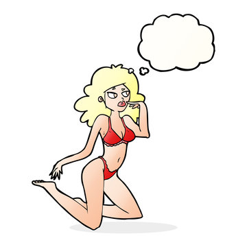 cartoon woman in underwear looking thoughtful with thought bubbl