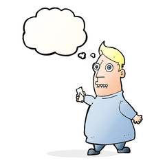 cartoon nervous man with tickets with thought bubble