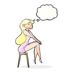 cartoon woman sitting on stool with thought bubble