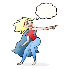 cartoon superhero woman pointing with thought bubble