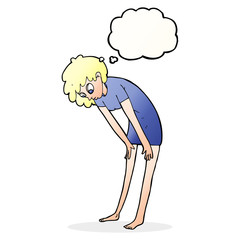 cartoon woman looking at her feet with thought bubble