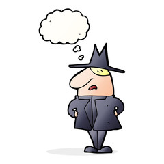 cartoon man in coat and hat with thought bubble