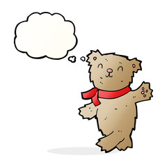 cartoon waving teddy bear with thought bubble