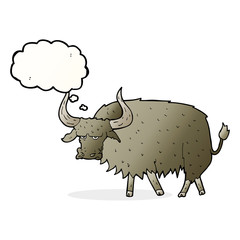 cartoon annoyed hairy cow with thought bubble
