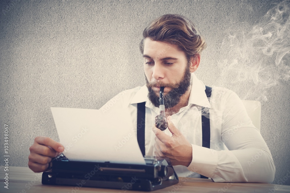 Poster composite image of hipster with smoking pipe working on typewriter