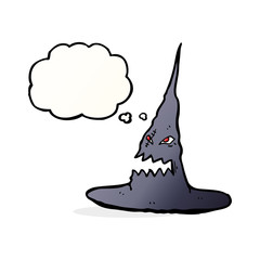cartoon spooky witches hat with thought bubble