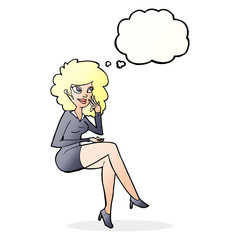 cartoon office woman sitting with thought bubble