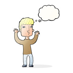 cartoon anxious man with thought bubble