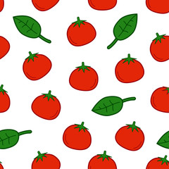 Seamless vector pattern of colored Tomatoes and Basil on white background