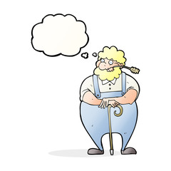 cartoon farmer leaning on walking stick with thought bubble
