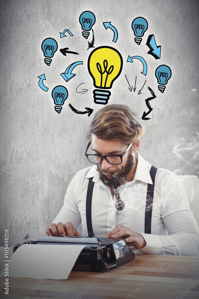 Poster composite image of hipster smoking pipe while working on typewriter