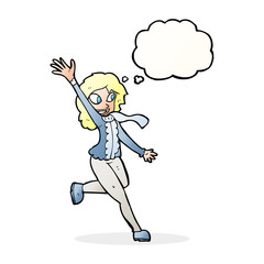 cartoon woman waving dressed for winter with thought bubble