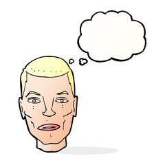 cartoon serious male face with thought bubble