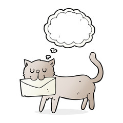 cartoon cat carrying letter with thought bubble